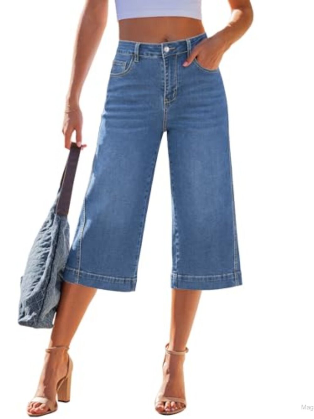 High Waisted Wide Leg Capri Jeans Stretch Denim Women's Summer Casual